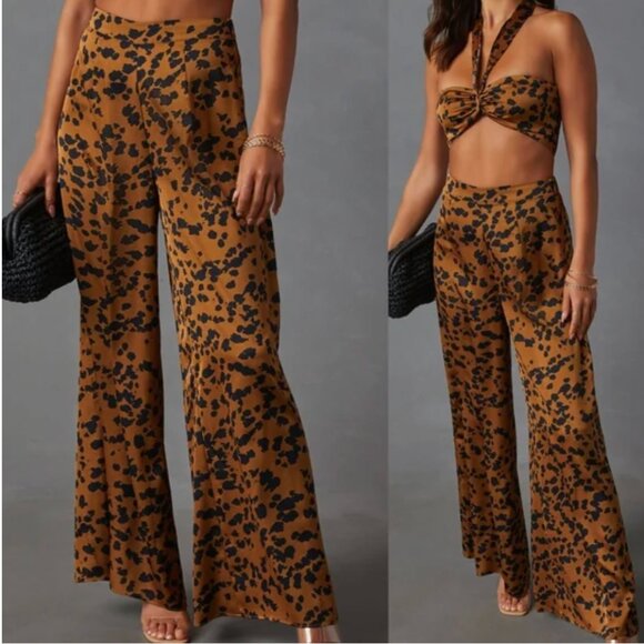 VICI Easy Tiger Brown & Black Leopard Print High Waist Wide Leg Trouser Pants L - Picture 1 of 6